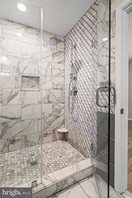 Bathroom, Glass Shower, Interior, Marble, Marble Walls, Recessed Lighting