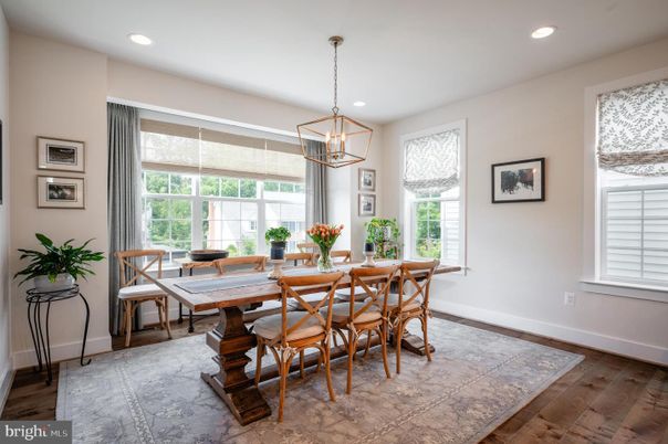 Dining room, Interior, Pendant Lights, Recessed Lighting, Wood Texture Flooring
