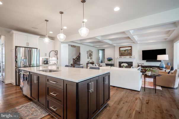 Fireplace, Interior, Kitchen, Living room, Pendant Lights, Recessed Lighting, Stainless Steel Appliances, Wood Texture Flooring