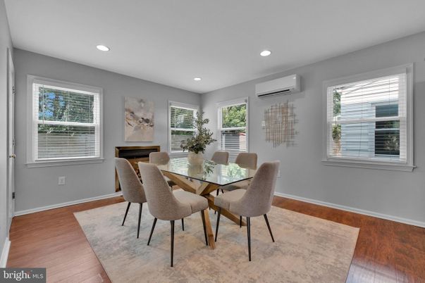 Dining room, Interior, Recessed Lighting, Wood Texture Flooring