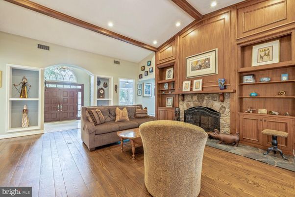 Fireplace, Interior, Living room, Recessed Lighting, Wood Texture Flooring, Wooden Walls