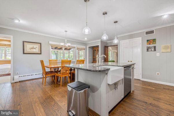 Dining room, Interior, Kitchen, Pendant Lights, Recessed Lighting, Wood Texture Flooring