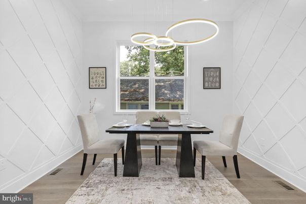 Dining room, Interior, Pendant Lights, Recessed Lighting, Wood Texture Flooring