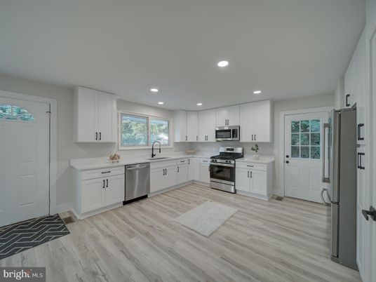 Interior, Kitchen, Recessed Lighting, Stainless Steel Appliances, Wood Texture Flooring