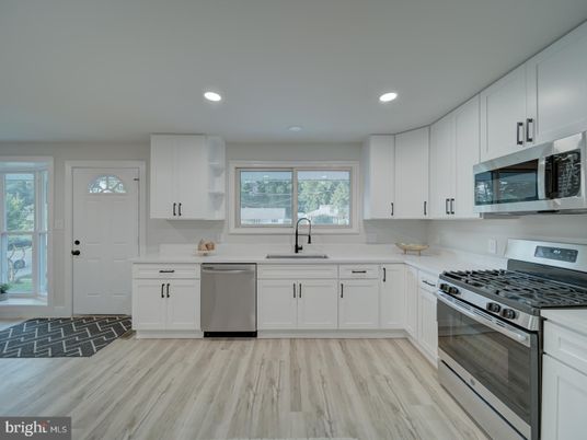 Interior, Kitchen, Recessed Lighting, Stainless Steel Appliances, Wood Texture Flooring