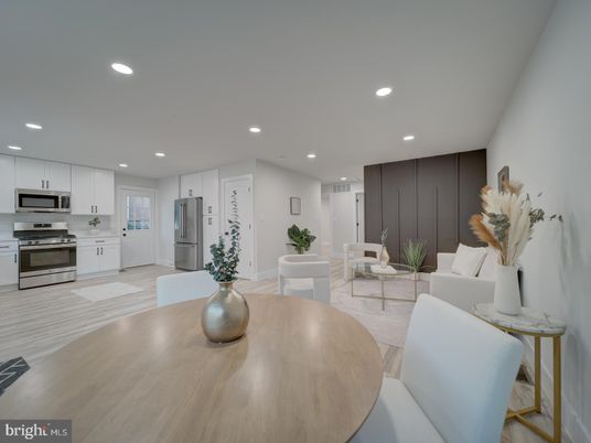 Dining room, Interior, Kitchen, Living room, Recessed Lighting, Stainless Steel Appliances, Wood Texture Flooring
