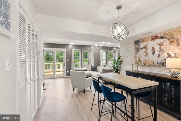 Dining room, Interior, Living room, Pendant Lights, Stone Walls, Wood Texture Flooring