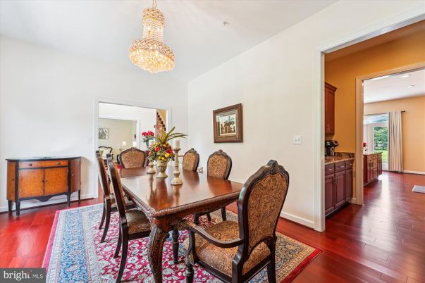 Chandelier, Dining room, Interior, Recessed Lighting, Wood Texture Flooring