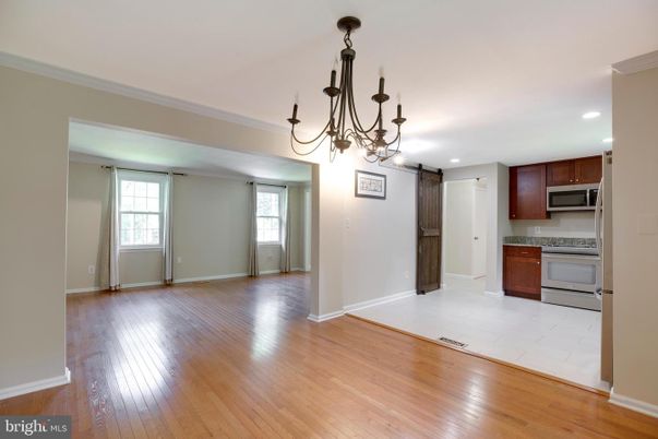 Chandelier, Empty room, Interior, Kitchen, Recessed Lighting, Wood Texture Flooring