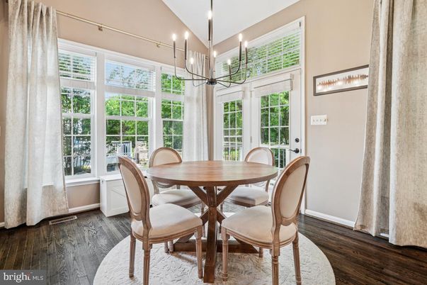 Dining room, Interior, Pendant Lights, Wood Texture Flooring