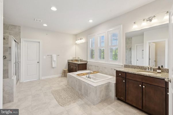 Bathroom, Dual Sink Vanities, Glass Shower, Interior, Recessed Lighting