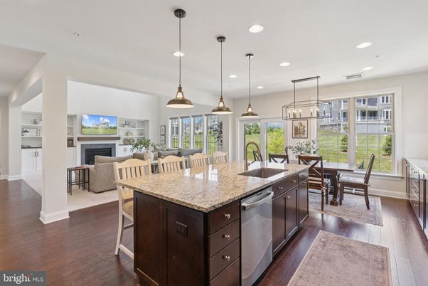 Dining room, Fireplace, Interior, Kitchen, Living room, Pendant Lights, Recessed Lighting, Wood Texture Flooring