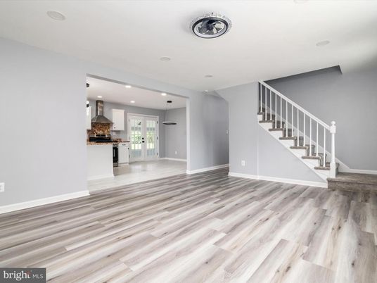 Empty room, Interior, Kitchen, Pendant Lights, Recessed Lighting, Wood Texture Flooring
