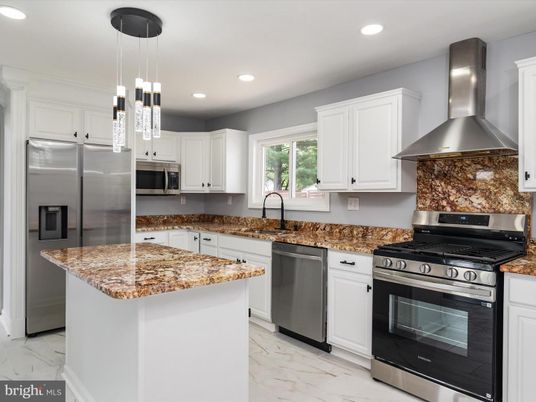 Interior, Kitchen, Marble, Pendant Lights, Recessed Lighting, Stainless Steel Appliances
