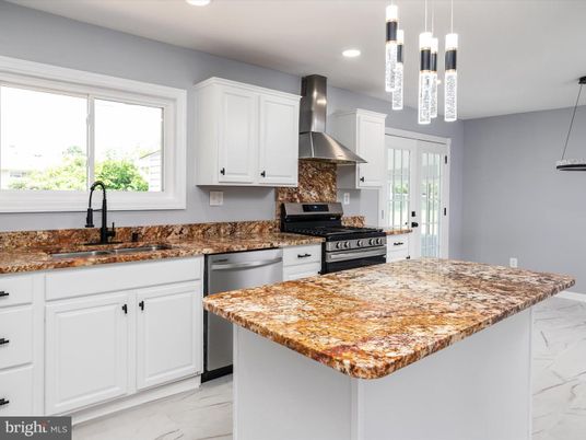 Interior, Kitchen, Marble, Pendant Lights, Recessed Lighting, Stainless Steel Appliances