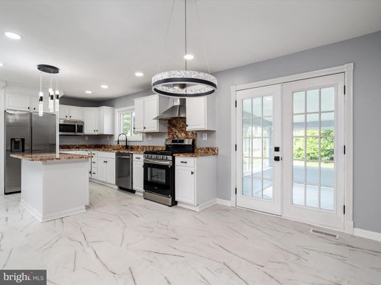 Interior, Kitchen, Marble, Pendant Lights, Recessed Lighting, Stainless Steel Appliances