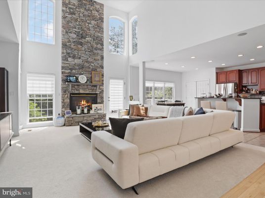 Dining room, Fireplace, Interior, Kitchen, Living room, Recessed Lighting, Stone Walls