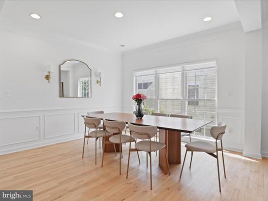 Dining room, Interior, Recessed Lighting, Wood Texture Flooring