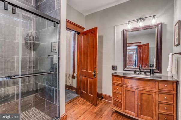 Bathroom, Glass Shower, Interior, Wood Texture Flooring