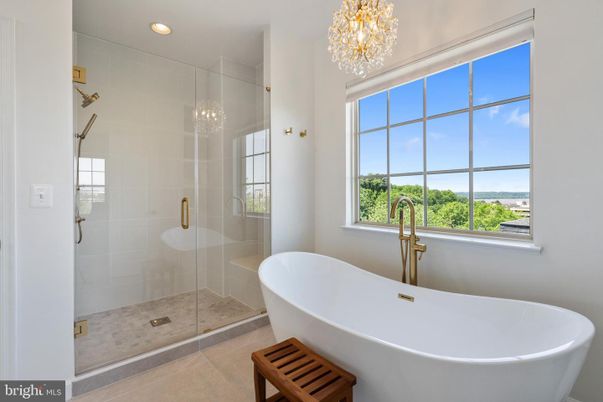Bathroom, Chandelier, Free Standing Baths, Glass Shower, Interior, Recessed Lighting