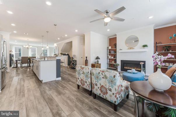 Dining room, Fireplace, Interior, Kitchen, Living room, Pendant Lights, Recessed Lighting, Wood Texture Flooring