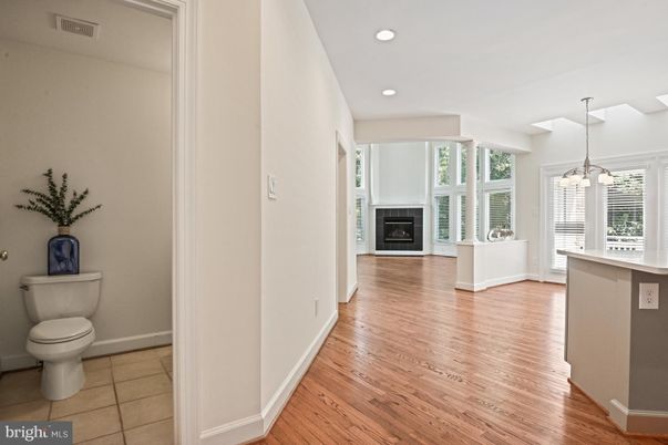 Bathroom, Fireplace, Interior, Pendant Lights, Recessed Lighting, Wood Texture Flooring