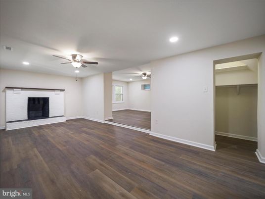 Empty room, Fireplace, Interior, Recessed Lighting, Wood Texture Flooring