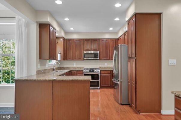 Interior, Kitchen, Recessed Lighting, Stainless Steel Appliances, Wood Texture Flooring