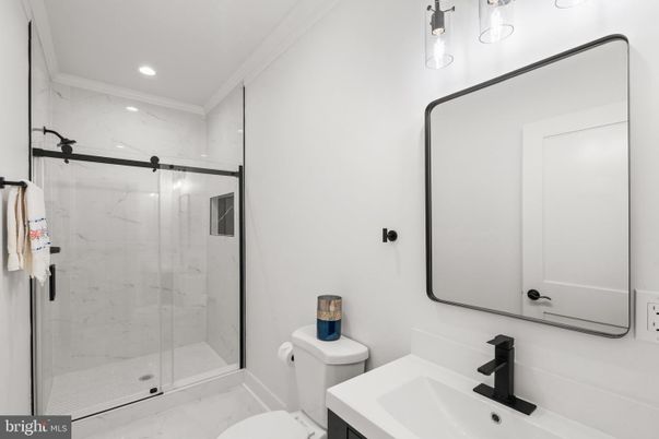 Bathroom, Glass Shower, Interior, Marble Walls, Recessed Lighting