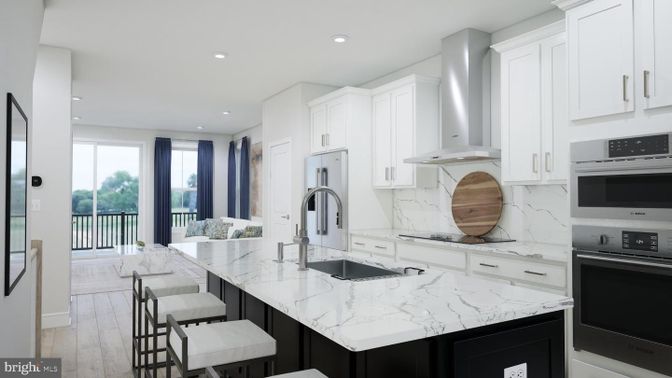 Interior, Kitchen, Marble Walls, Recessed Lighting, Stainless Steel Appliances, Wood Texture Flooring