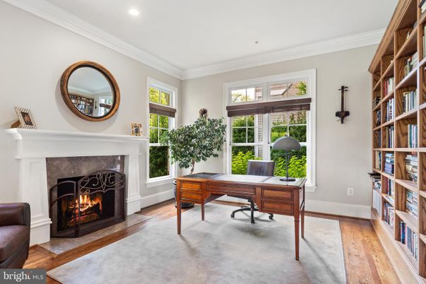 Fireplace, Home Office, Interior, Recessed Lighting, Wood Texture Flooring