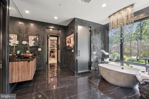 Bathroom, Chandelier, Free Standing Baths, Interior, Marble, Recessed Lighting