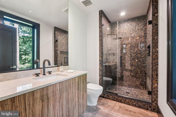 Bathroom, Glass Shower, Interior, Recessed Lighting, Wood Texture Flooring