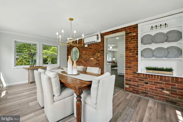 Dining room, Interior, Pendant Lights, Stone Walls, Wood Texture Flooring