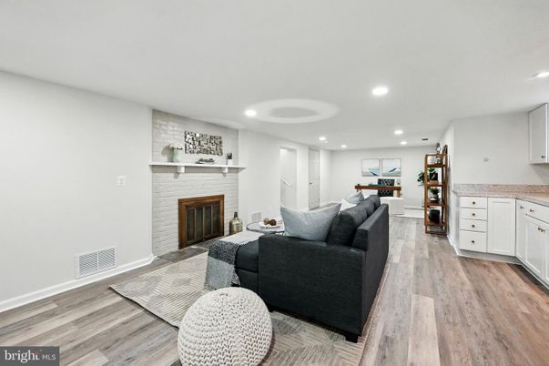 Fireplace, Interior, Living room, Recessed Lighting, Wood Texture Flooring