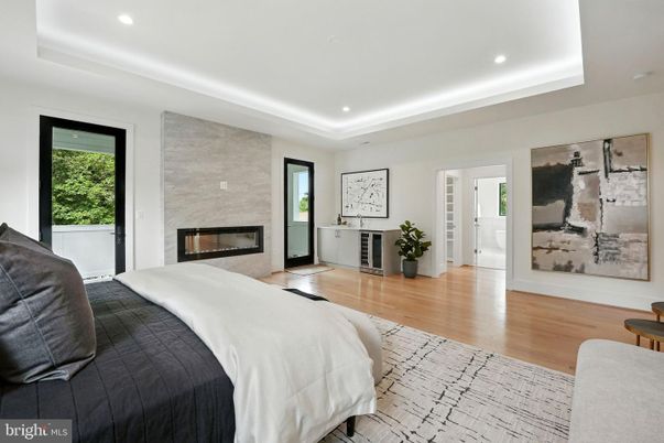 Bedroom, Fireplace, Interior, Recessed Lighting, Wood Texture Flooring