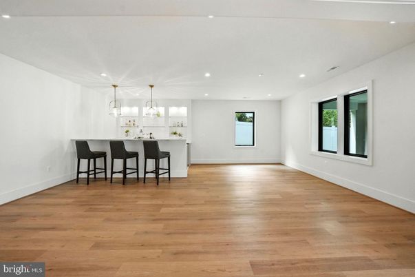 Empty room, Interior, Kitchen, Pendant Lights, Recessed Lighting, Wood Texture Flooring