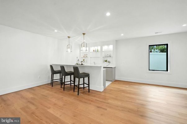 Empty room, Interior, Kitchen, Pendant Lights, Recessed Lighting, Wood Texture Flooring