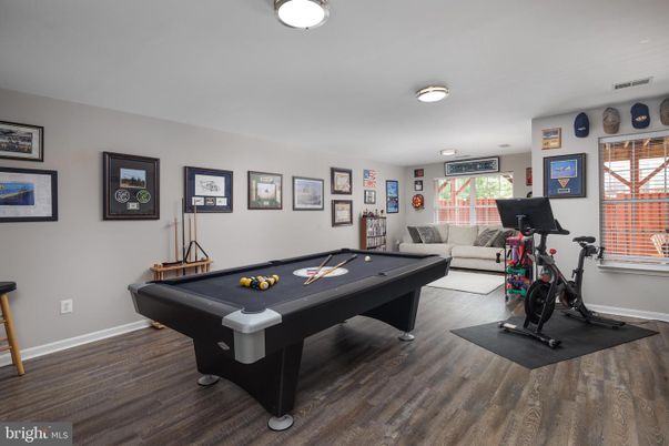 Billiard Table, Fitness Equipment, Game Room, Interior, Recessed Lighting, Wood Texture Flooring