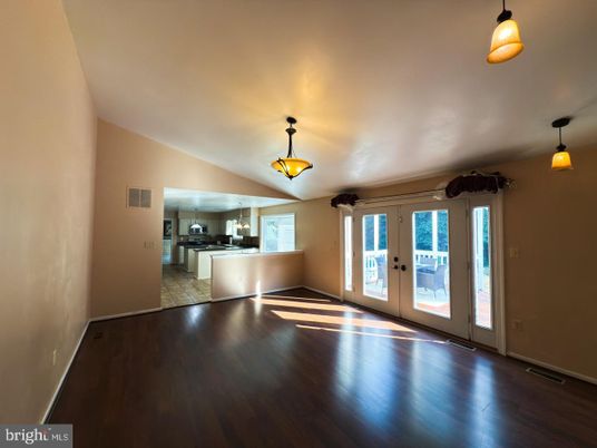 Empty room, Interior, Kitchen, Pendant Lights, Wood Texture Flooring