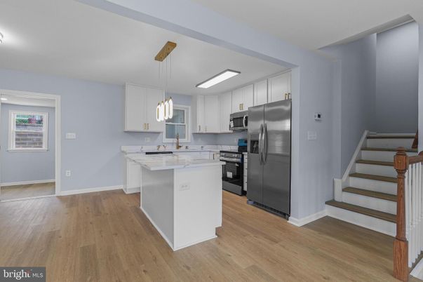 Interior, Kitchen, Pendant Lights, Stainless Steel Appliances, Wood Texture Flooring