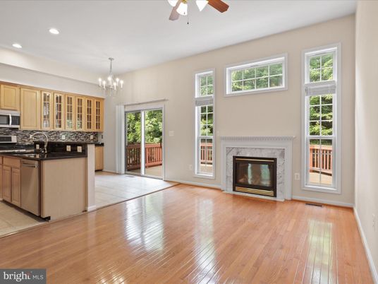 Chandelier, Fireplace, Interior, Kitchen, Recessed Lighting, Wood Texture Flooring