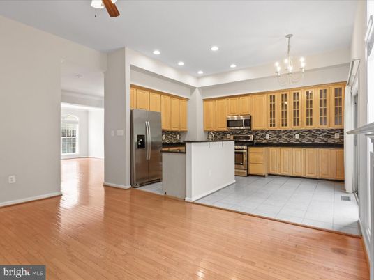 Chandelier, Interior, Kitchen, Recessed Lighting, Stainless Steel Appliances, Wood Texture Flooring