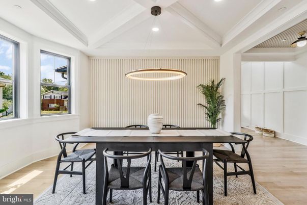 Dining room, Interior, Pendant Lights, Recessed Lighting, Wood Texture Flooring