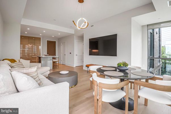 Dining room, Interior, Living room, Pendant Lights, Recessed Lighting, Wood Texture Flooring