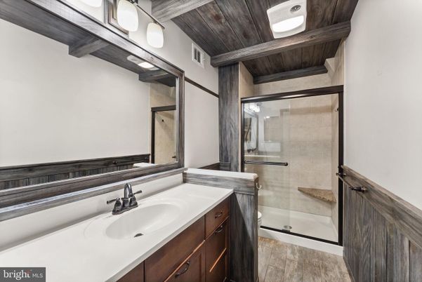 Bathroom, Glass Shower, Interior, Wooden Beams, Wooden Ceilings, Wood Texture Flooring