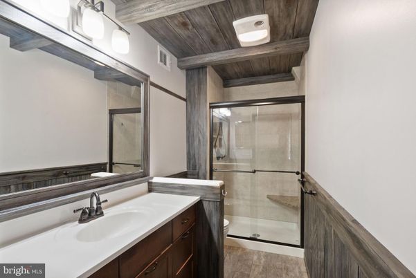 Bathroom, Glass Shower, Interior, Wooden Beams, Wooden Ceilings, Wood Texture Flooring