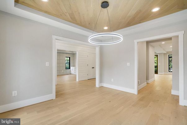 Empty room, Interior, Pendant Lights, Recessed Lighting, Wooden Ceilings, Wood Texture Flooring