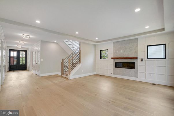 Empty room, Fireplace, Interior, Recessed Lighting, Wood Texture Flooring
