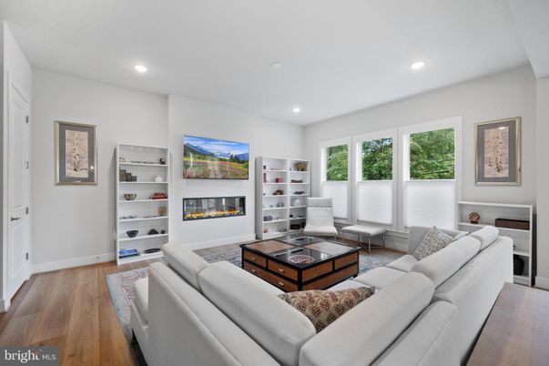 Fireplace, Interior, Living room, Recessed Lighting, Wood Texture Flooring